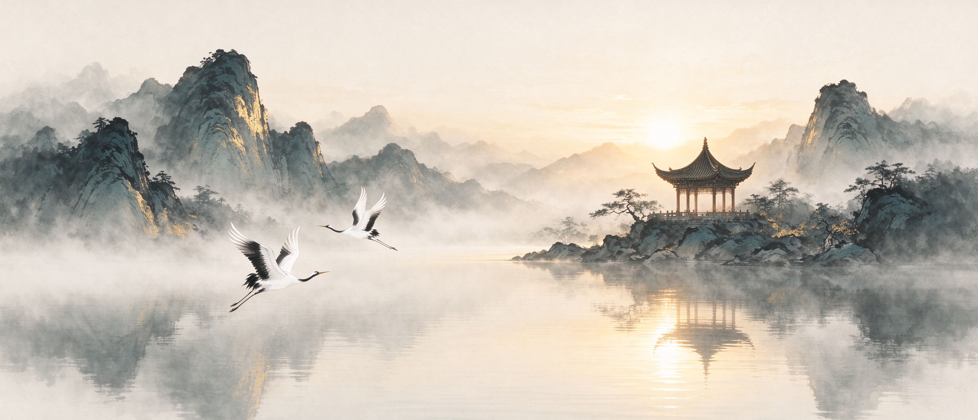 水墨山水双鹤